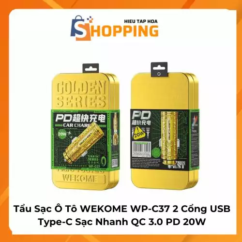 Tẩu Sạc Ô Tô WEKOME WP-C37 2 Cổng USB Type-C Sạc Nhanh QC 3.0 PD 20W Hộp Sắt Mạ Vàng