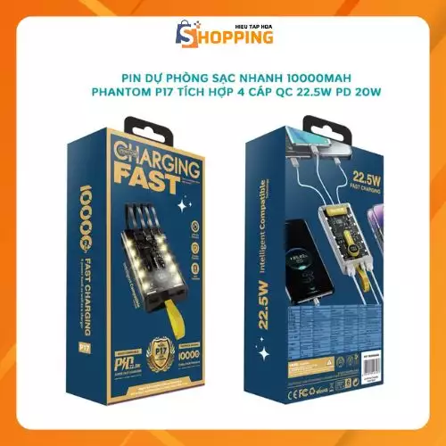 Pin Dự Phòng Sạc Nhanh Phantom P17 Dung Lượng 10000Mah Tích Hợp 4 Cáp Sạc - Hỗ Trợ Qc 22.5 Và Pd 20W (2 Màu)