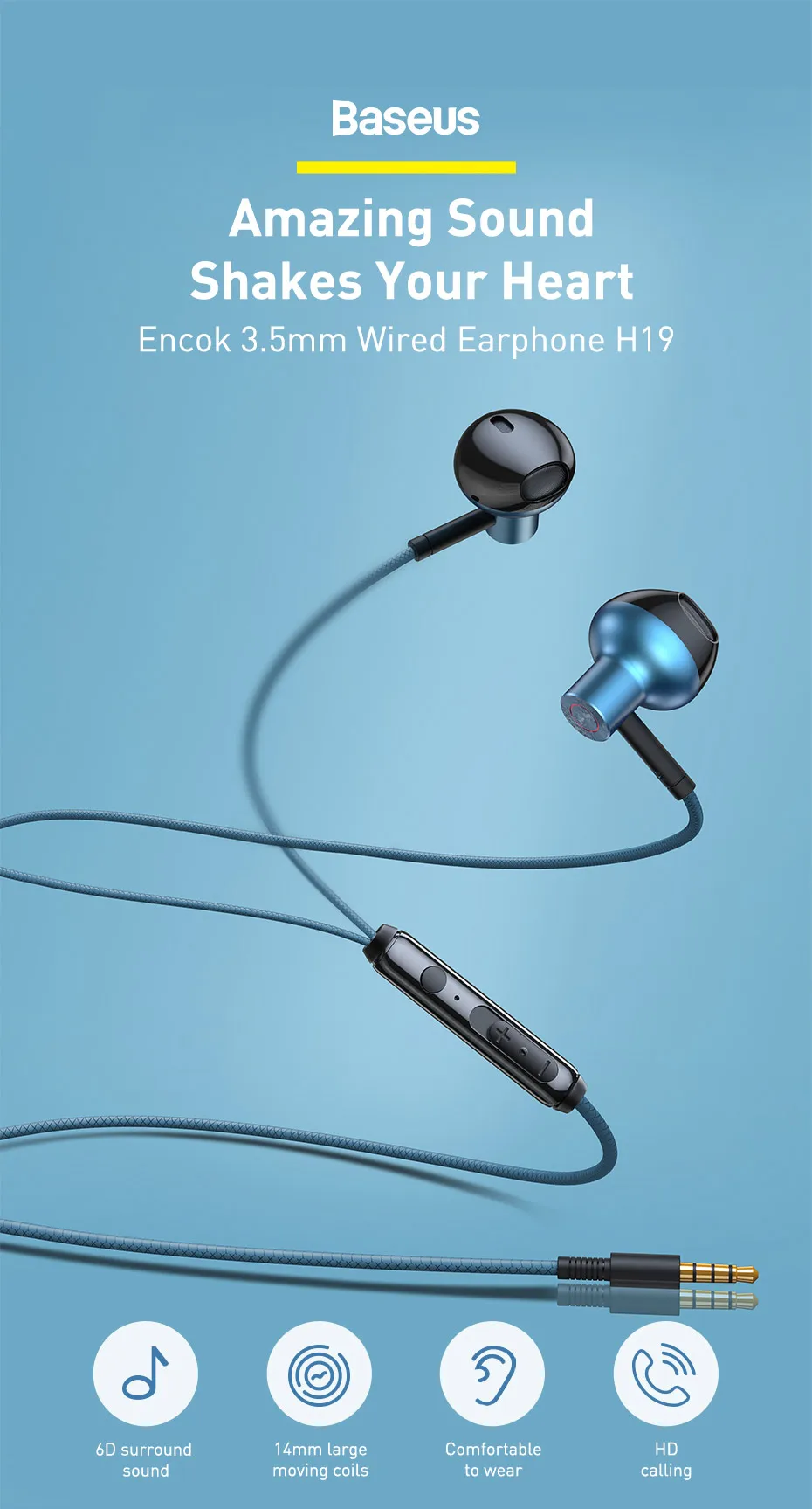 Tai nghe AUX 3.5mm Baseus Encok H19 Wired Earphone (6D&hellip;