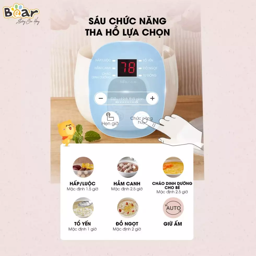 Nồi Nấu Chậm Bear 0.8L Nấu Cháo, Hầm, Hấp, Chưng&hellip;