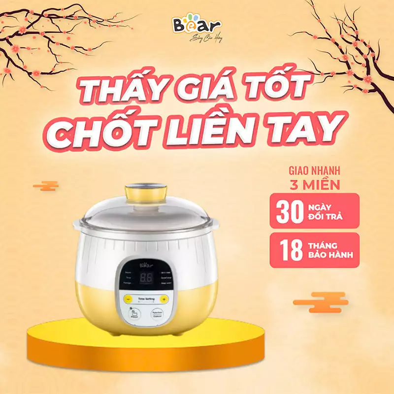 Nồi Nấu Chậm Bear 0,8L Nấu Cháo, Hầm, Hấp, Chưng…