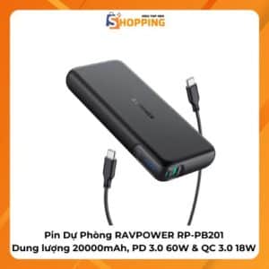 Pin Dự Phòng RAVPOWER RP-PB201, 20000mAh, PD 3.0 60W & QC 3.0 18W