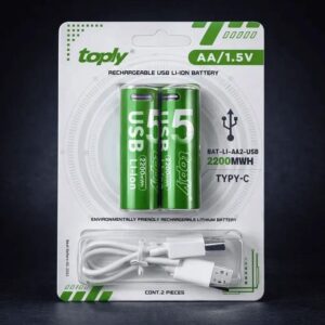 Vỉ 2 Viên Pin Sạc AA / AAA TOPLY Chính Hãng - Lõi Lithium 1.5V (Tích Hợp Cổng Sạc Type-C Trực Tiếp)