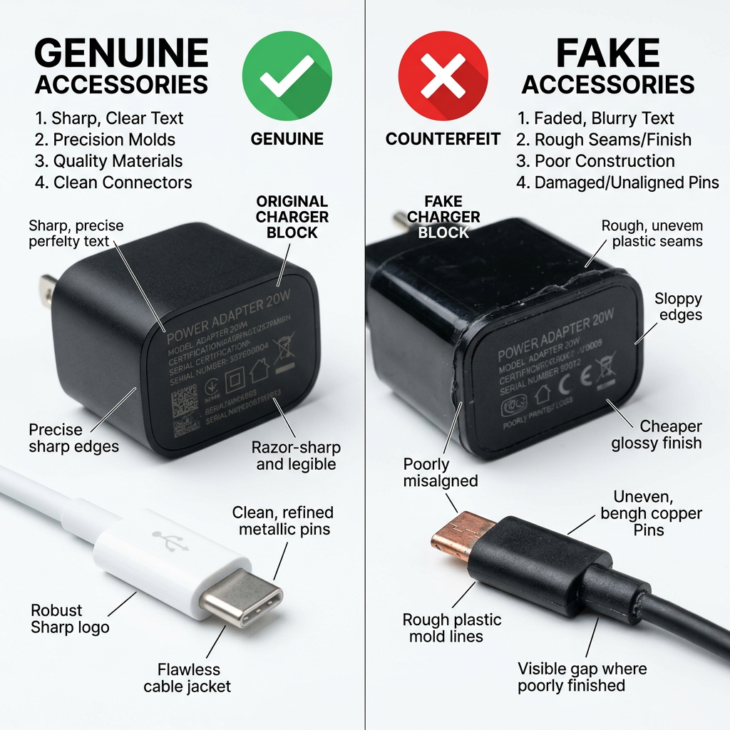 Cách Phân Biệt Phụ Kiện Điện Thoại Chính Hãng Và Fake Chuẩn 100% (Áp Dụng Mọi Dòng Máy) 5 3. Phân biệt chi tiết từng loại phụ kiện điện thoại phổ biến (Áp dụng mọi thương hiệu)