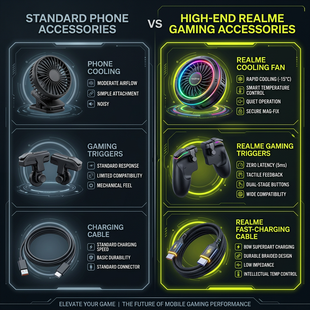 Top Phụ Kiện Điện Thoại Realme Chơi Game Tối Ưu Trải Nghiệm Đỉnh Cao 5 3. Bảng so sánh các tiêu chí kỹ thuật giữa phụ kiện chuẩn và phụ kiện Gaming cao cấp