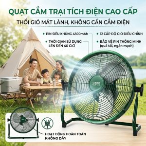 Quạt Sàn Tích Điện EDKM, lồng kim loại, 12 tốc độ gió, pin 4500mAh