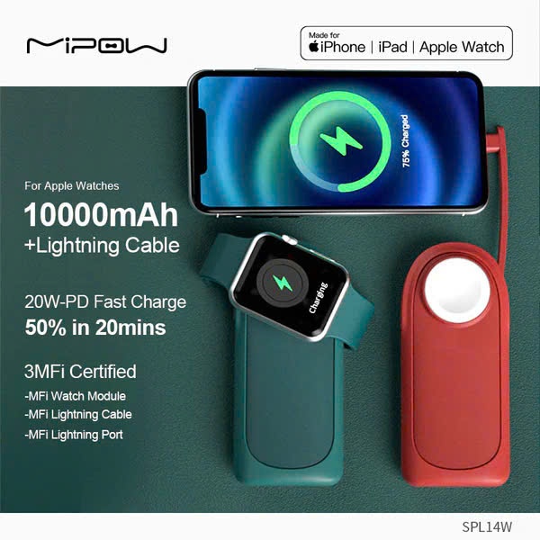 Pin dự phòng MiPOW Power Tube Pro 10000mAh, Liền cáp Lightning có MFI, sạc nhanh 20W,sạc Apple watch 3 Pin dự phòng MiPOW Power Tube Pro 10000mAh, Liền cáp Lightning có MFI, sạc nhanh 20W,sạc Apple watch
