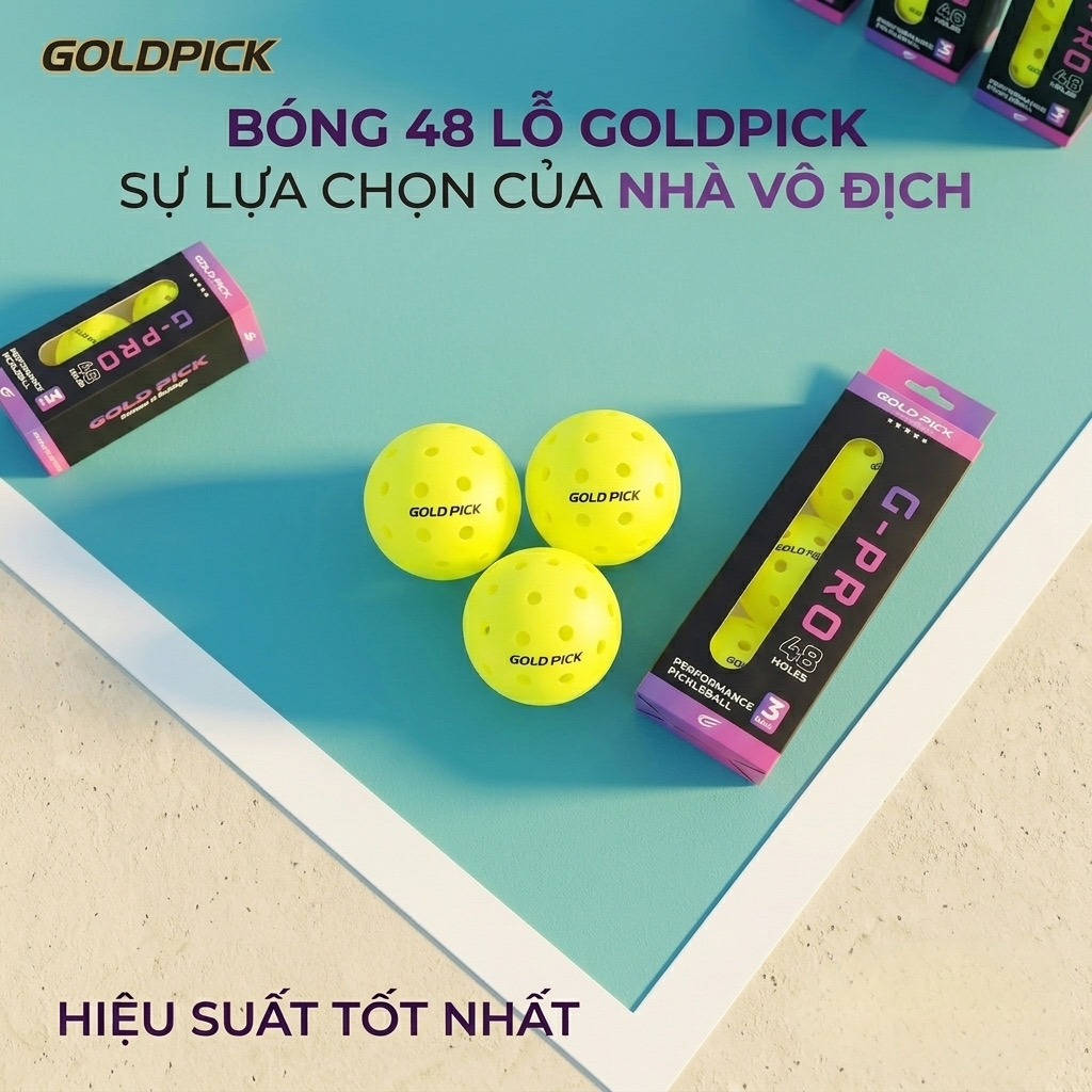 Hộp 3 quả bóng Pickleball 48 lỗ, chính hãng Gold Pick, nhựa nguyên sinh đúc nguyên khối 2 Hộp 3 quả bóng Pickleball 48 lỗ, chính hãng Gold Pick, nhựa nguyên sinh đúc nguyên khối