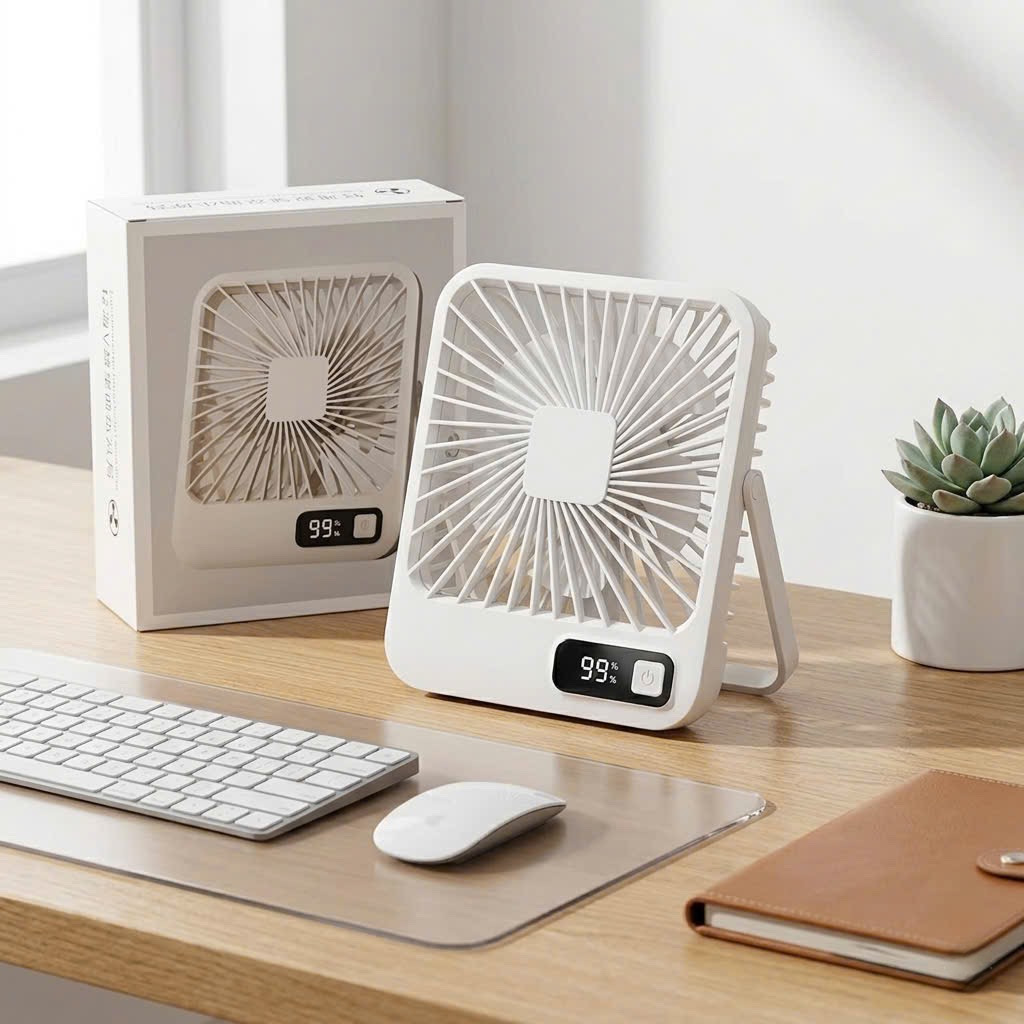 Quạt mini 5 cánh để bàn, có chân dựng, ko tích điện, cắm Pin dự phòng sử dụng. 1 Quạt mini 5 cánh để bàn, có chân dựng, ko tích điện, cắm Pin dự phòng sử dụng.