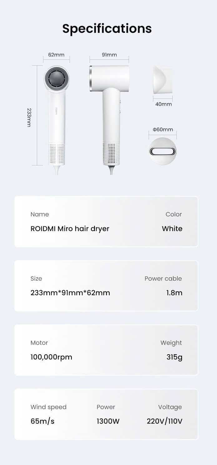 Máy Sấy Tóc ROIDMI MIRO Pro - 20 Triệu Ion Âm, Giảm Khô Xơ Rối, Siêu Nhẹ, Điều Khiển Nhiệt Thông 21 Máy Sấy Tóc ROIDMI MIRO Pro - 20 Triệu Ion Âm, Giảm Khô Xơ Rối, Siêu Nhẹ, Điều Khiển Nhiệt Thông