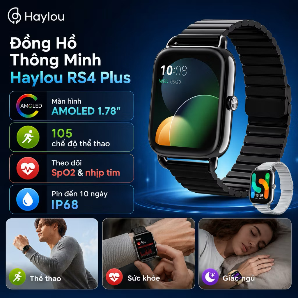 Đồng Hồ Thông Minh Xiaomi HAYLOU RS4 Plus - Phiên Bản quốc tế, 2 Dây (màu đen) 3 Đồng Hồ Thông Minh Xiaomi HAYLOU RS4 Plus - Phiên Bản quốc tế, 2 Dây (màu đen)
