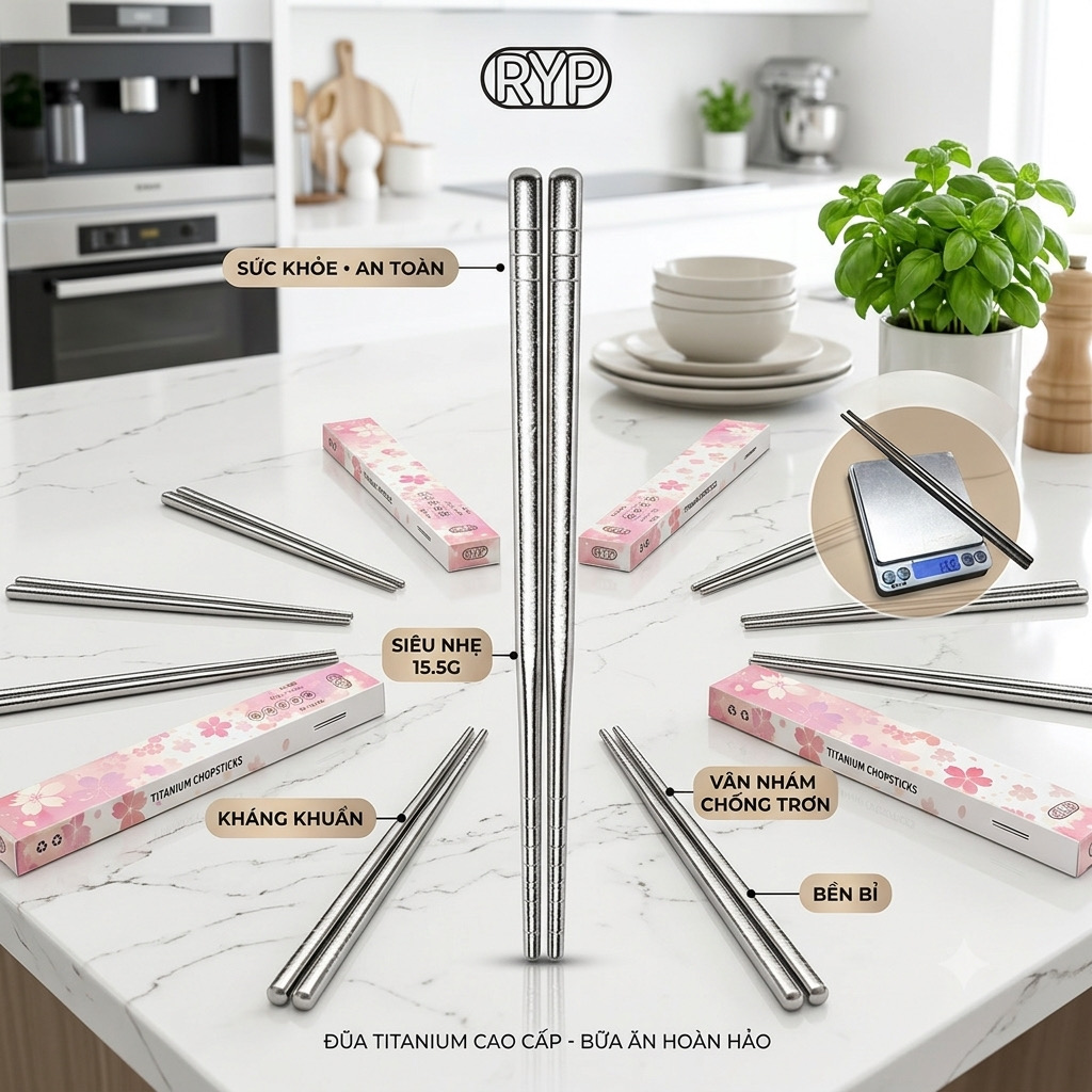 Đôi đũa Titanium thương hiệu RYP, Kháng khuẩn, siêu nhẹ, chống trơn, titan siêu bền 2 Đôi đũa Titanium thương hiệu RYP, Kháng khuẩn, siêu nhẹ, chống trơn, titan siêu bền