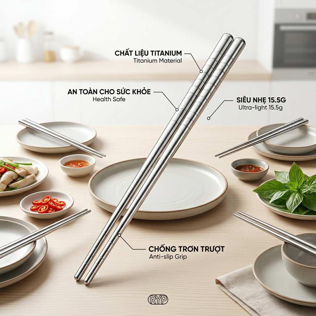 Đôi đũa Titanium thương hiệu RYP, Kháng khuẩn, siêu nhẹ, chống trơn, titan siêu bền 4 Đôi đũa Titanium thương hiệu RYP, Kháng khuẩn, siêu nhẹ, chống trơn, titan siêu bền