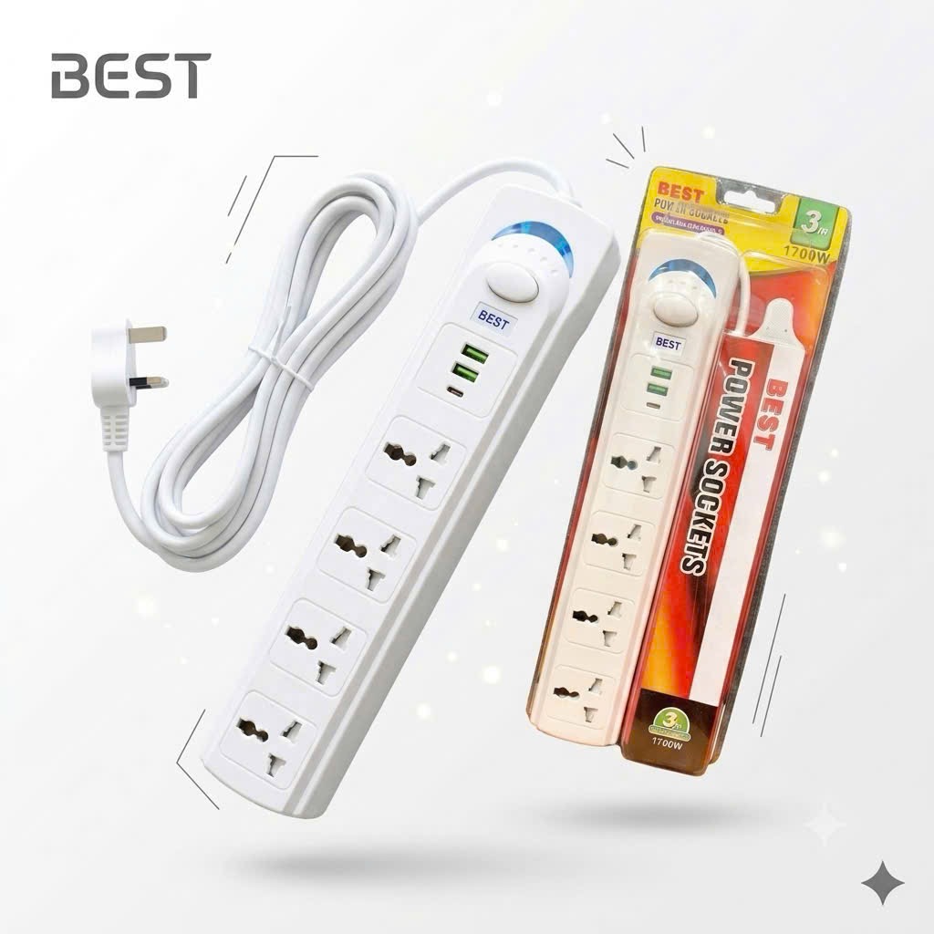 Ổ điện đa năng BEST 1700W, dây 3M , 1 Type C + 2 USB A + 4 AC 1 Ổ điện đa năng BEST 1700W, dây 3M , 1 Type C + 2 USB A + 4 AC