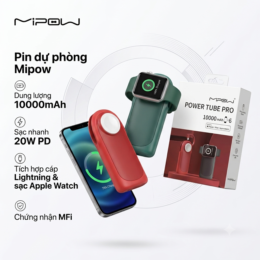 Pin dự phòng MiPOW Power Tube Pro 10000mAh, Liền cáp Lightning có MFI, sạc nhanh 20W,sạc Apple watch 1 Pin dự phòng MiPOW Power Tube Pro 10000mAh, Liền cáp Lightning có MFI, sạc nhanh 20W,sạc Apple watch