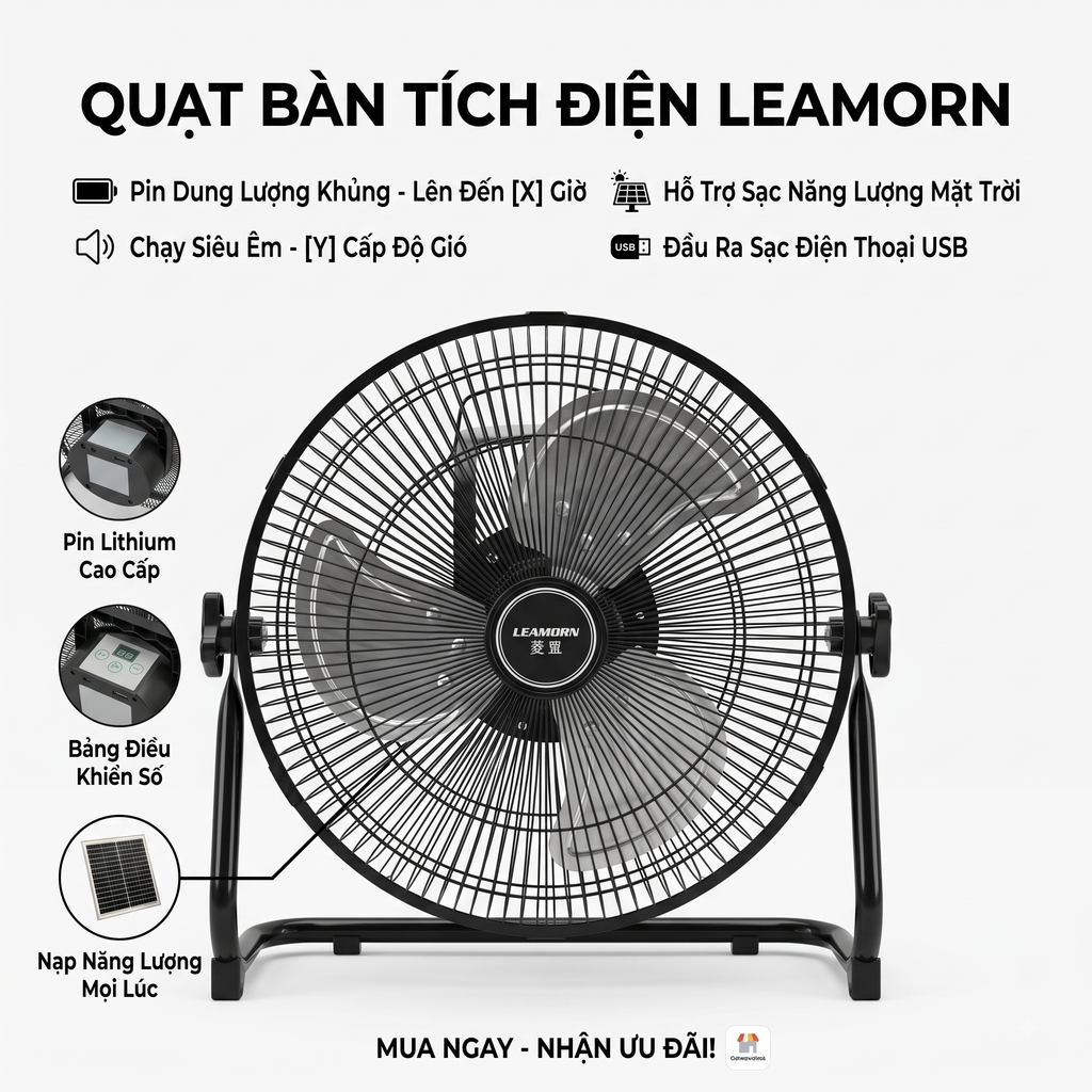Quạt tích điện năng lượng mặt trời 12 inch LEAMORN / PD-108 3 Quạt tích điện năng lượng mặt trời 12 inch LEAMORN / PD-108