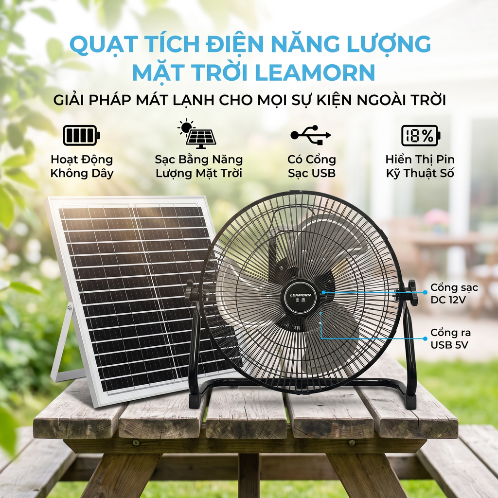 Quạt tích điện năng lượng mặt trời 12 inch LEAMORN / PD-108 2 Quạt tích điện năng lượng mặt trời 12 inch LEAMORN / PD-108