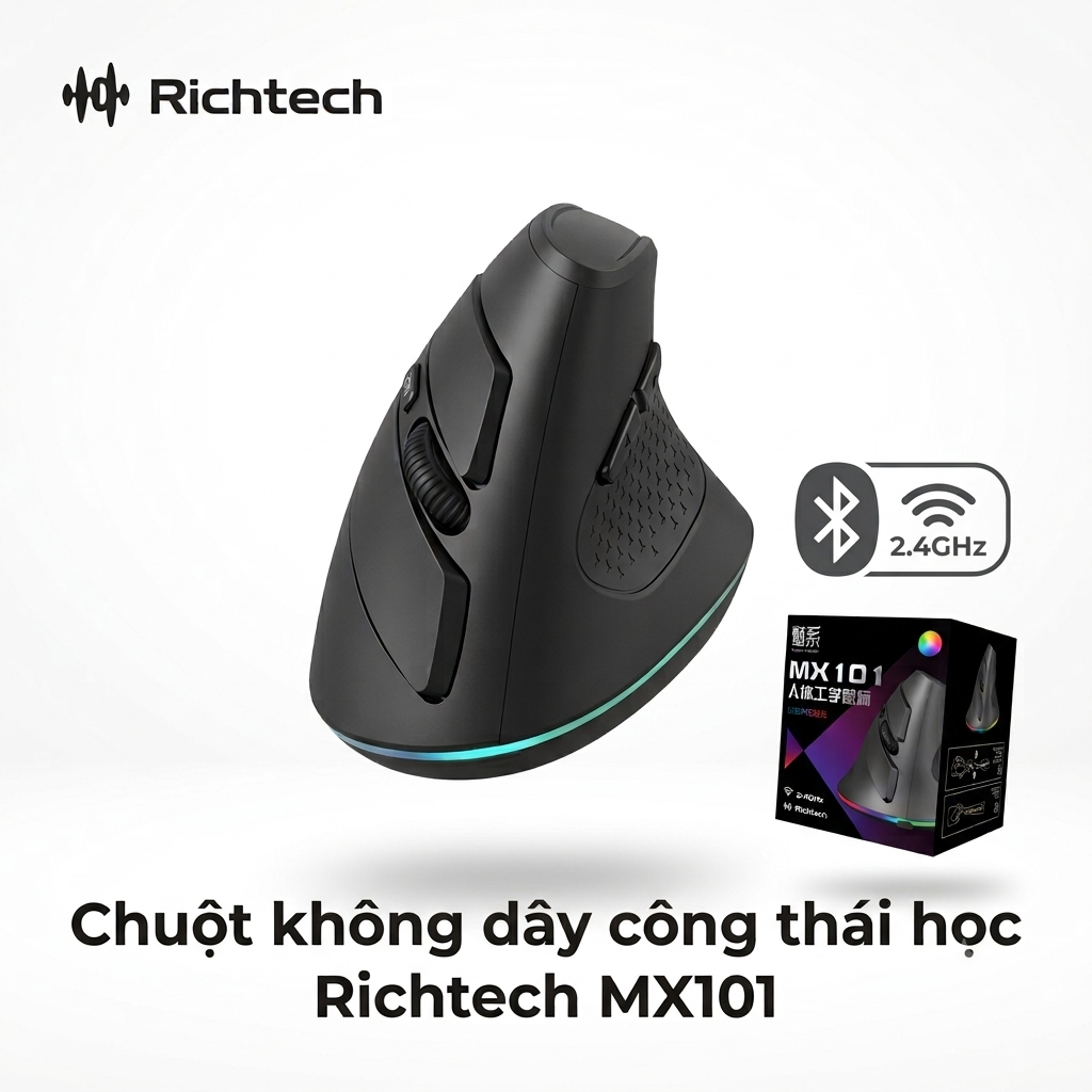 Chuột Bluetooth công thái học RICHTECH - MX101 , chuột yên lặng, 3200 DPI, led RGD 1 Chuột Bluetooth công thái học RICHTECH - MX101 , chuột yên lặng, 3200 DPI, led RGD
