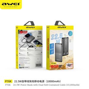 Pin Sạc Dự Phòng AWEI P76K 10000mAh Sạc Nhanh 22.5W Tích Hợp 2 Cáp C-L