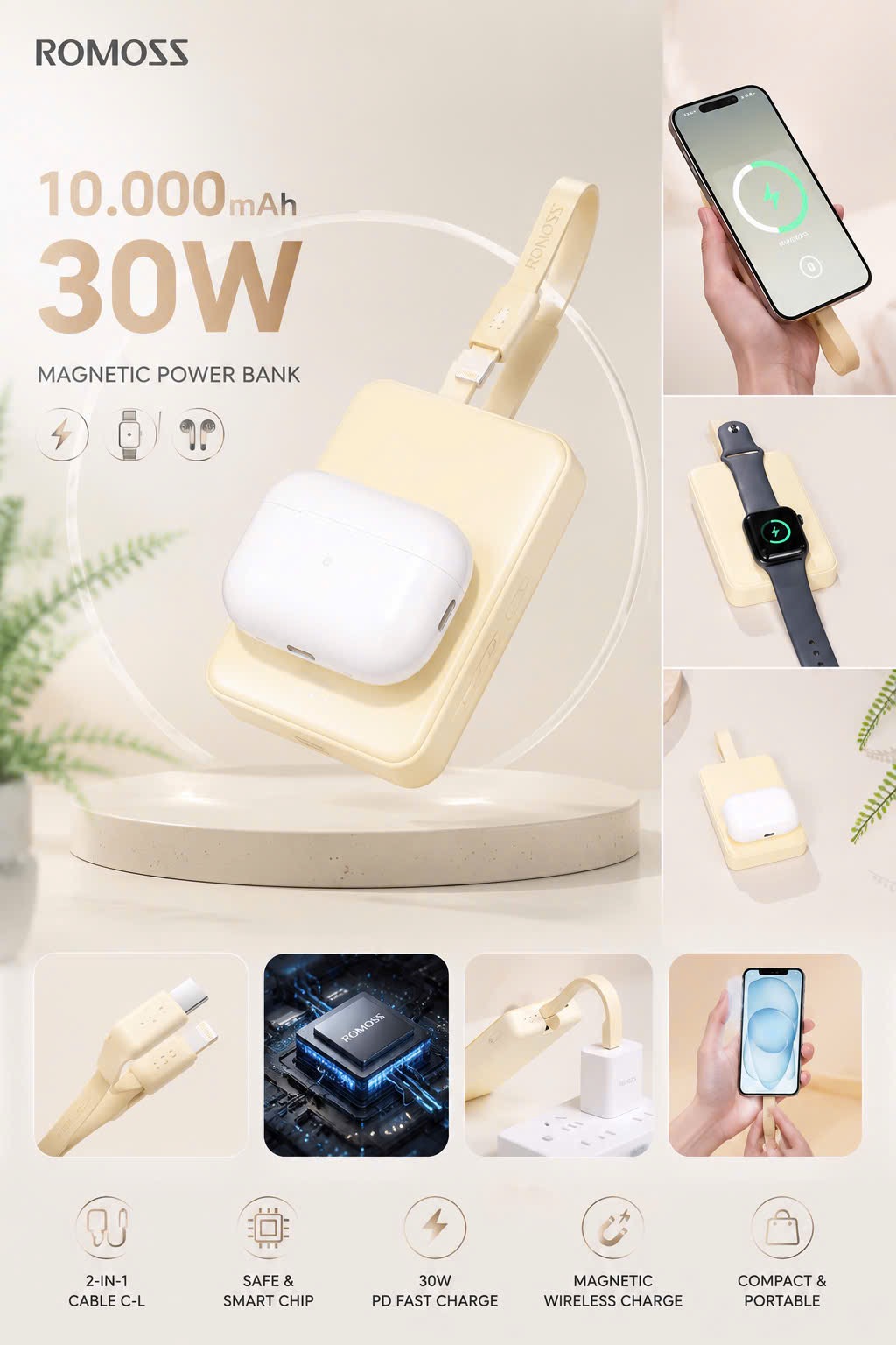 Sạc Dự Phòng MagSafe ROMOSS 10.000mAh 30W - Sạc đồng hồ + airpod, kèm dây C-L (NoBox - Màu Xanh) 4 Sạc Dự Phòng MagSafe ROMOSS 10.000mAh 30W - Sạc đồng hồ + airpod, kèm dây C-L (NoBox - Màu Xanh)