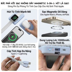 Sạc Dự Phòng MagSafe ROMOSS 10.000mAh 30W - Sạc đồng hồ + airpod, kèm dây C-L (NoBox - Màu Xanh)