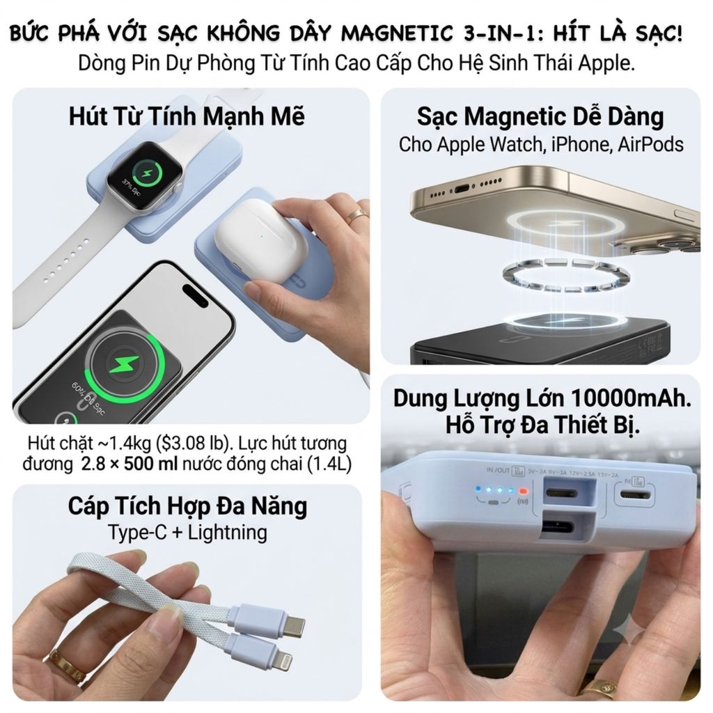 Sạc Dự Phòng MagSafe ROMOSS 10.000mAh 30W - Sạc đồng hồ + airpod, kèm dây C-L (NoBox - Màu Xanh) 1 Sạc Dự Phòng MagSafe ROMOSS 10.000mAh 30W - Sạc đồng hồ + airpod, kèm dây C-L (NoBox - Màu Xanh)