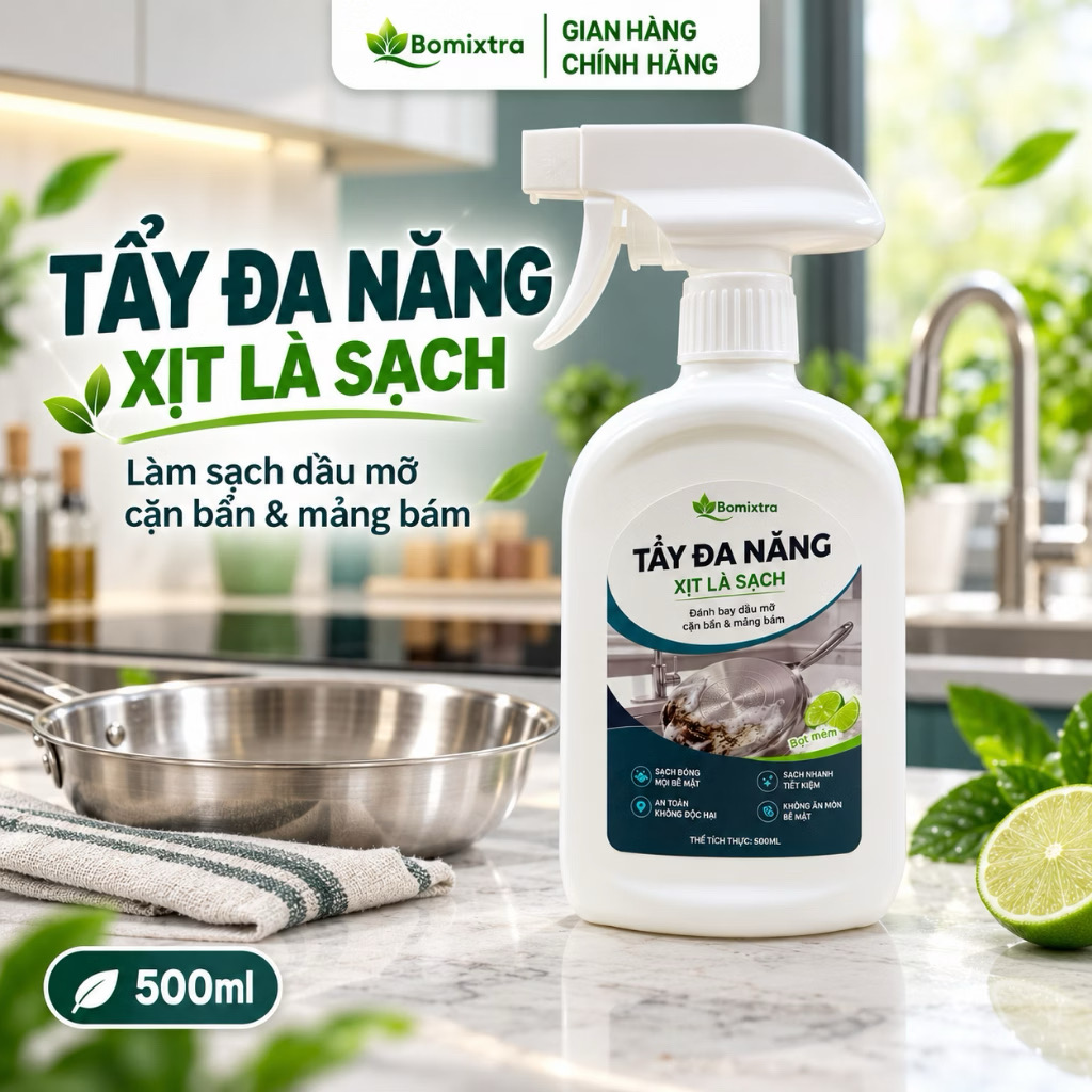 Xịt Tẩy Đa Năng Bomixtra 500ml Kèm Hộp - Tẩy Rửa Dầu Mỡ Nhà Bếp, Inox & Gạch Men 1 Xịt Tẩy Đa Năng Bomixtra 500ml Kèm Hộp - Tẩy Rửa Dầu Mỡ Nhà Bếp, Inox & Gạch Men