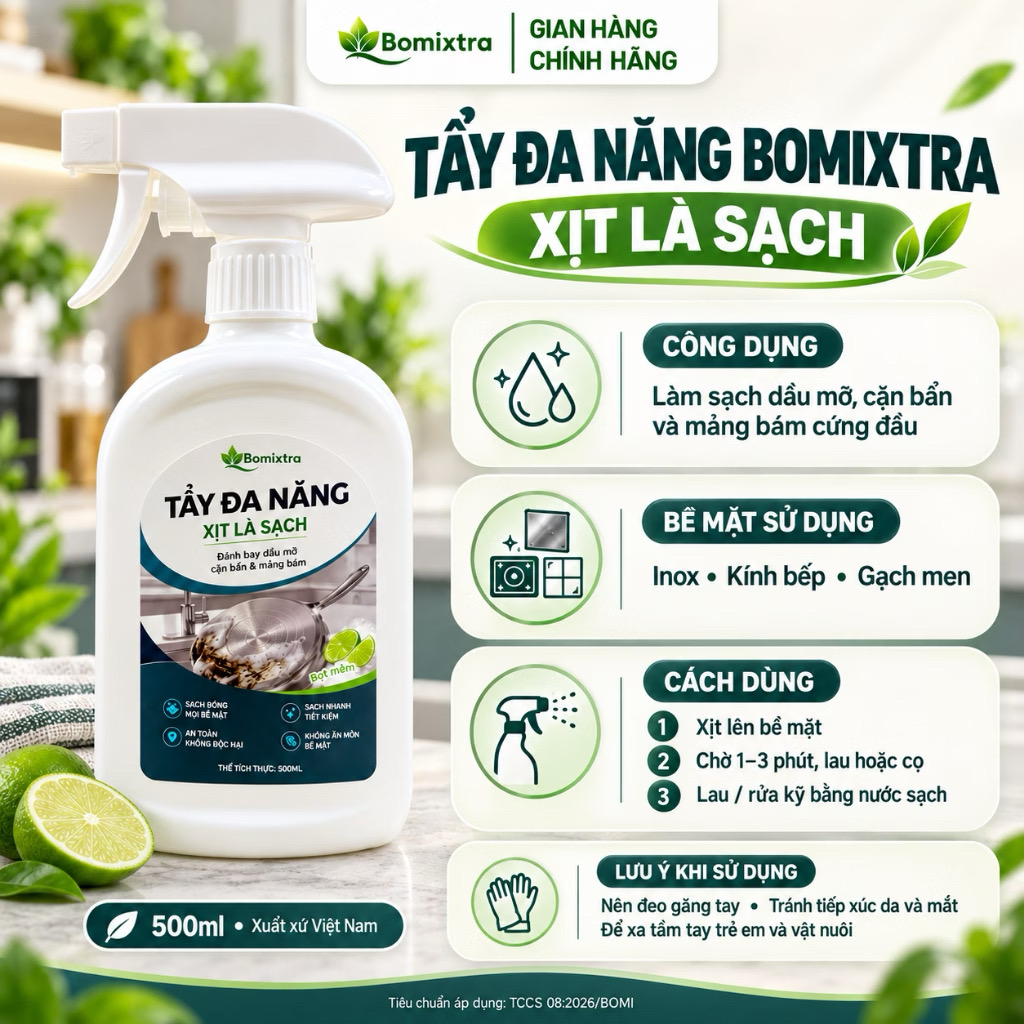 Xịt Tẩy Đa Năng Bomixtra 500ml Kèm Hộp - Tẩy Rửa Dầu Mỡ Nhà Bếp, Inox & Gạch Men 2 Xịt Tẩy Đa Năng Bomixtra 500ml Kèm Hộp - Tẩy Rửa Dầu Mỡ Nhà Bếp, Inox & Gạch Men
