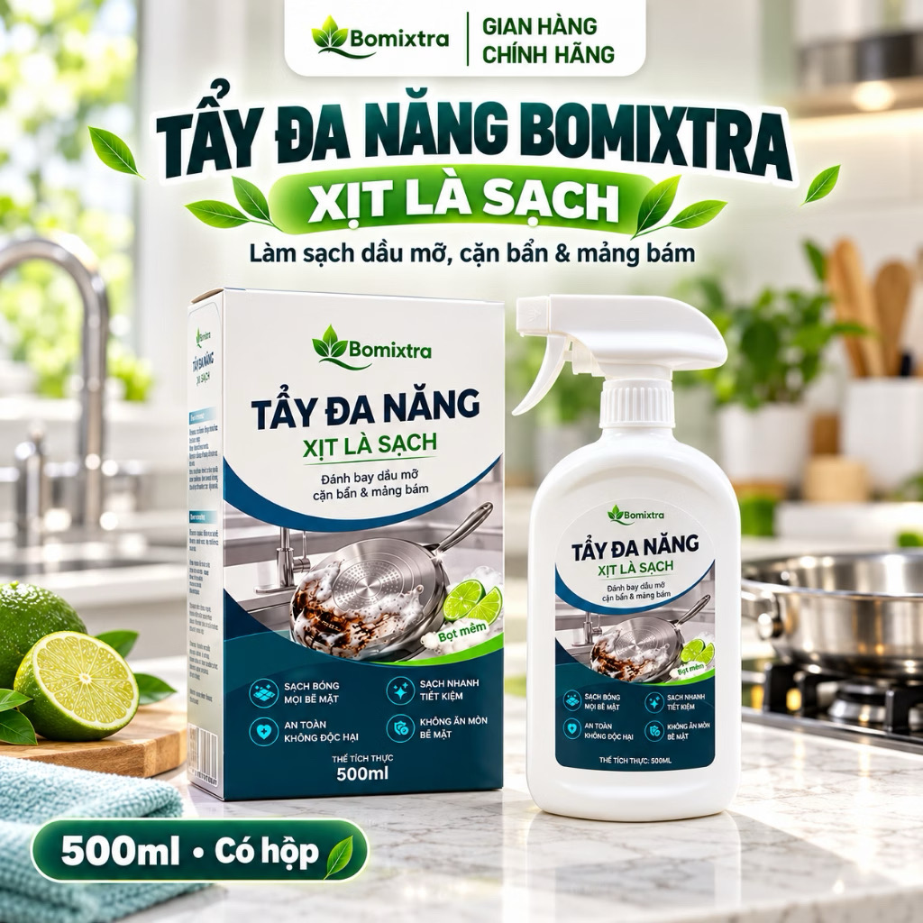 Xịt Tẩy Đa Năng Bomixtra 500ml Kèm Hộp - Tẩy Rửa Dầu Mỡ Nhà Bếp, Inox & Gạch Men 3 Xịt Tẩy Đa Năng Bomixtra 500ml Kèm Hộp - Tẩy Rửa Dầu Mỡ Nhà Bếp, Inox & Gạch Men